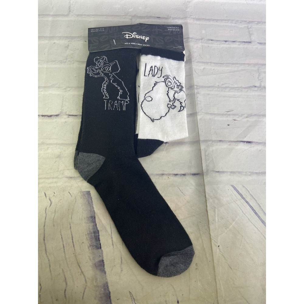 Disney Lady and The Tramp His Hers Crew Socks 2 Pairs Black White NEW